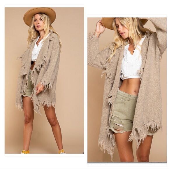 WOOL Blend Long cardigan with distressed Hemline in Terracotta - Picture 13 of 14